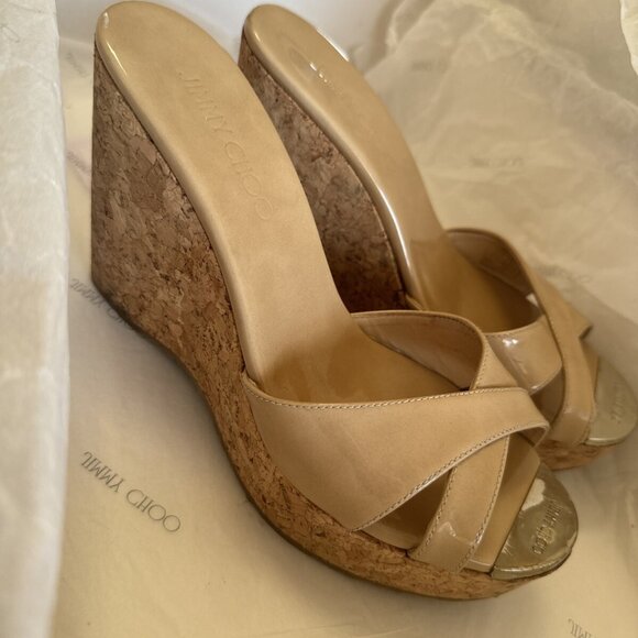 Jimmy Choo Shoes - Jimmy Choo Nude Patent Leather Prima Cork Wedge Platform Sandals